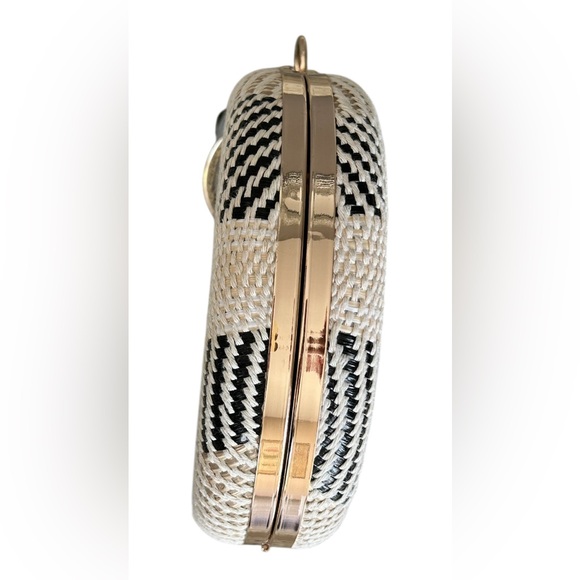 Savanna Cream Black Round Woven Crossbody Satchel Gold Chain Boho Bag Purse - Picture 9 of 13